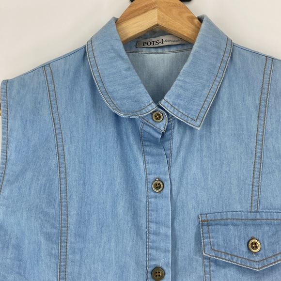 Denim sleeveless chambray lightweight button front short dress or tunic Large - Picture 6 of 14